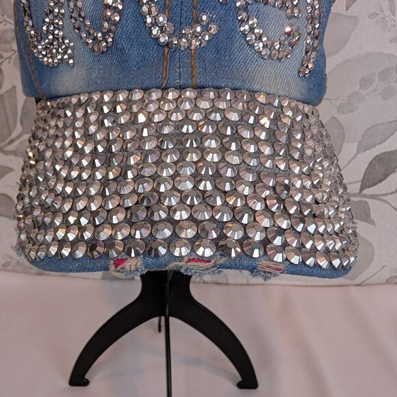 "QUEEN" with Crown Studded Blue Jean Distressed Baseball Cap Style Hat by NoLLia - Picture 2 of 8